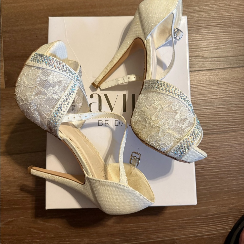 David's Bridal White Lace Heels with Rhinestones